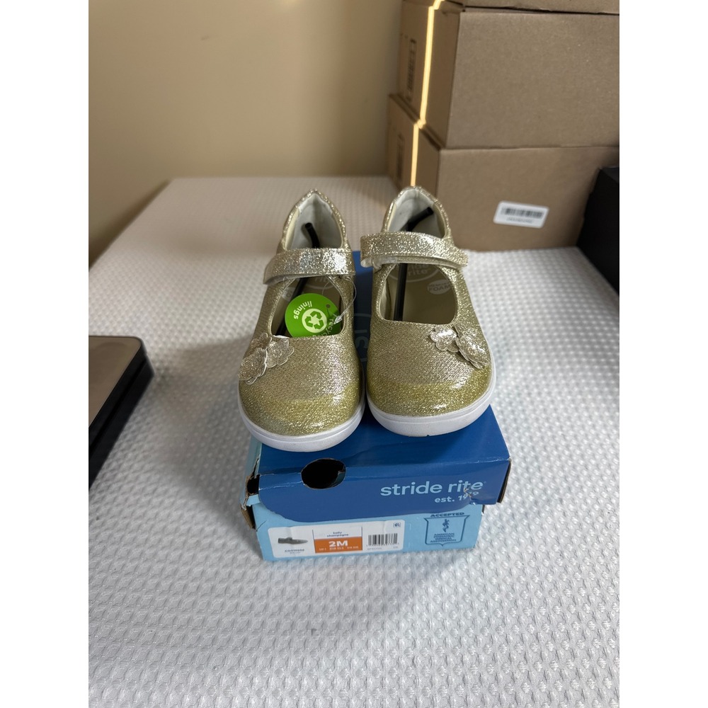 Stride Rite Mary Jane Kids 2M Holly Champagne Gold Glitter Flower NIB